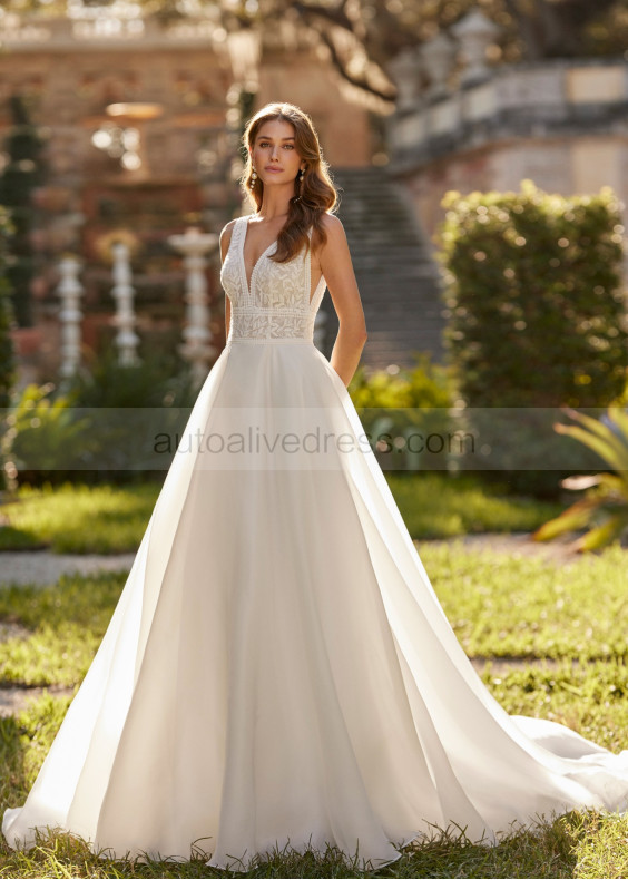 Beaded Ivory Lace Organza Open Back Princess Wedding Dress